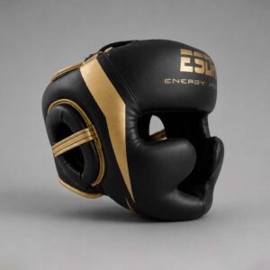 casco boxeo negro dorado vista diagonal