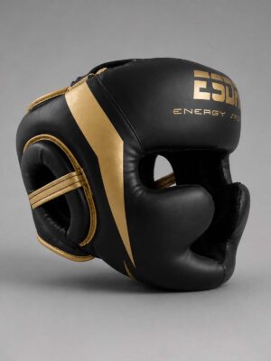 casco boxeo negro dorado vista diagonal