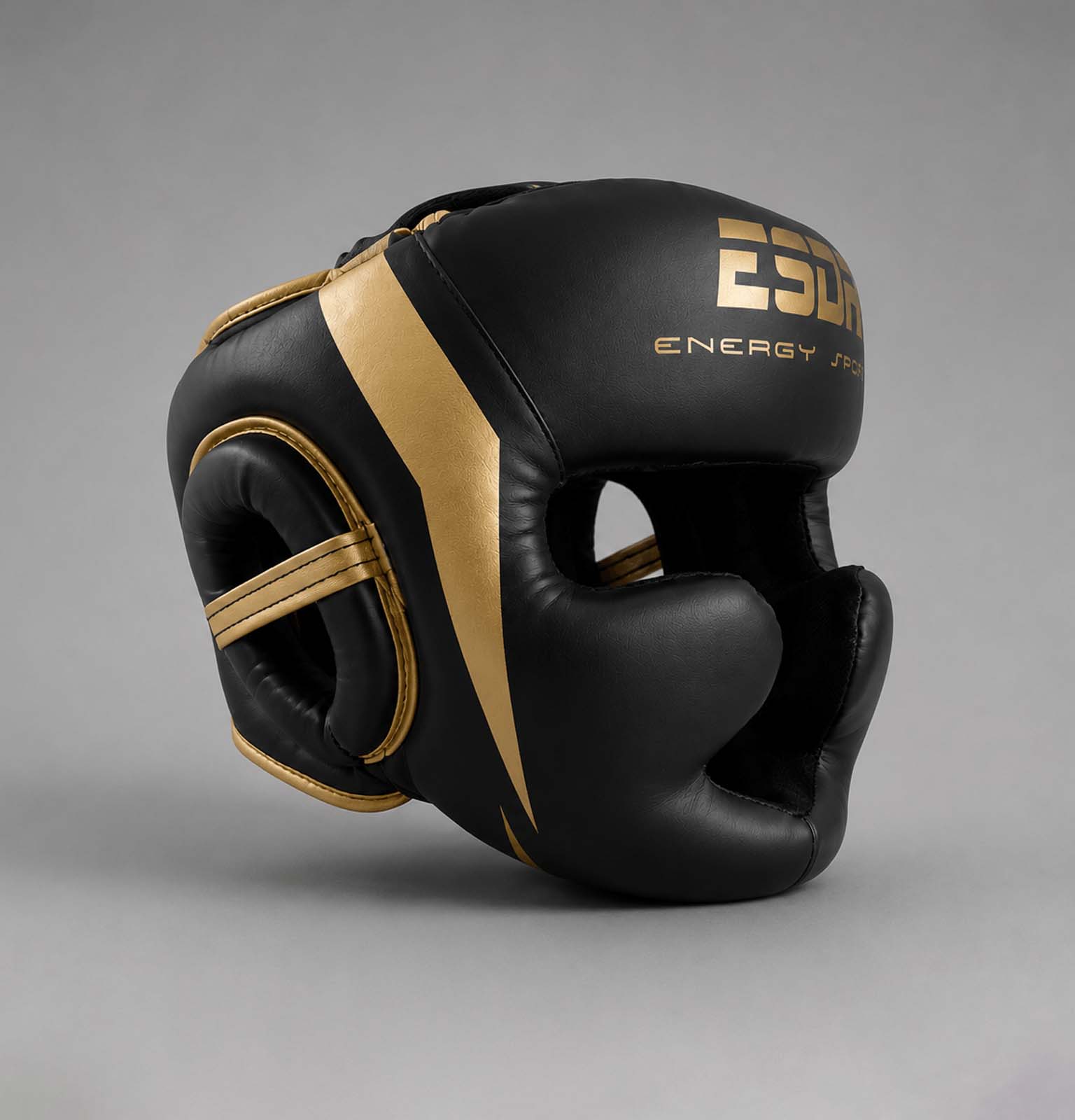 casco boxeo negro dorado vista diagonal