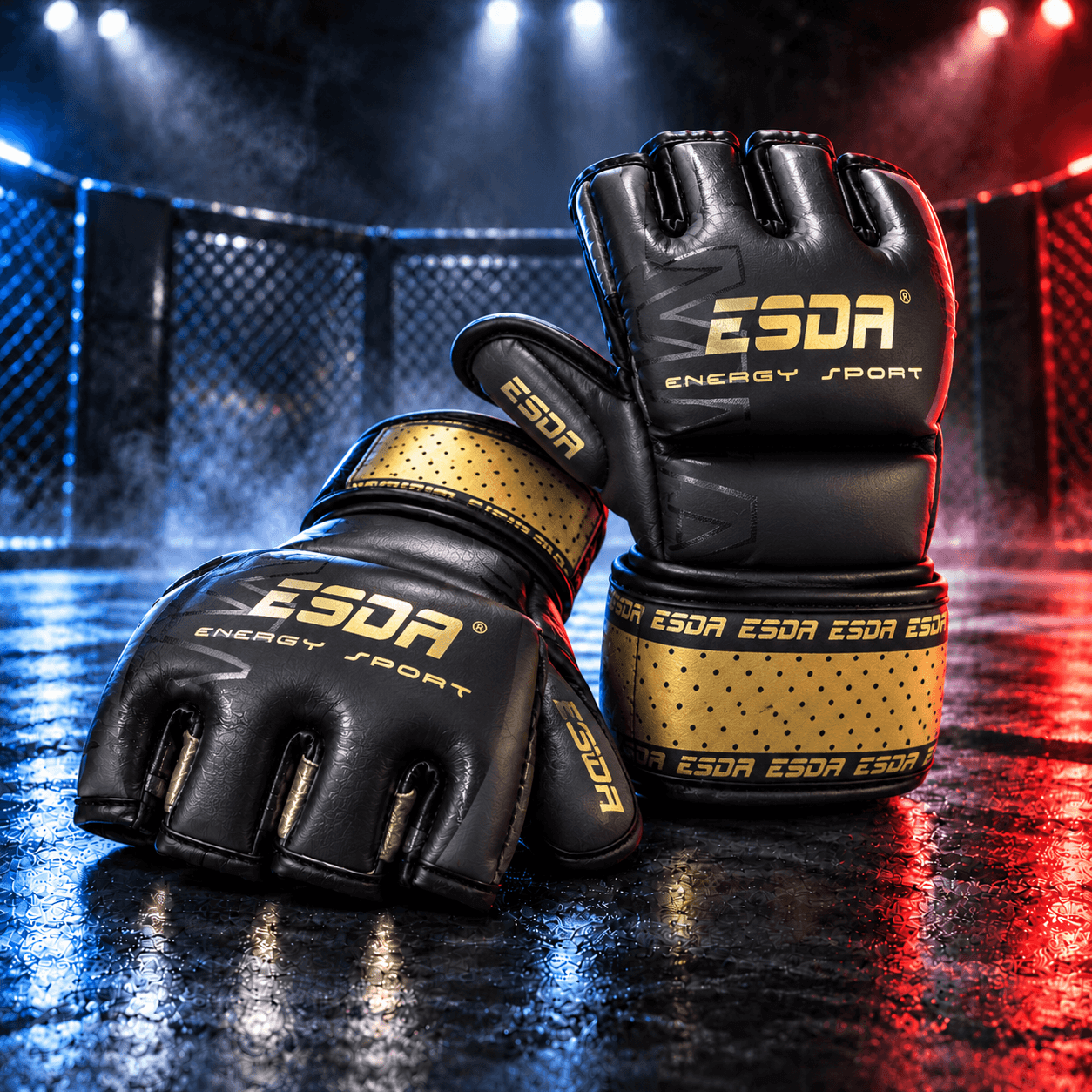 guantes de MMA negros con dorado